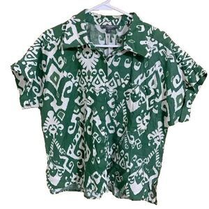 Haute Hippie Button Shirt Women's Medium Green Hawaiian Aztec Linen